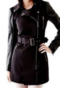 Guess Faux-Leather Sleeve Trench Coat